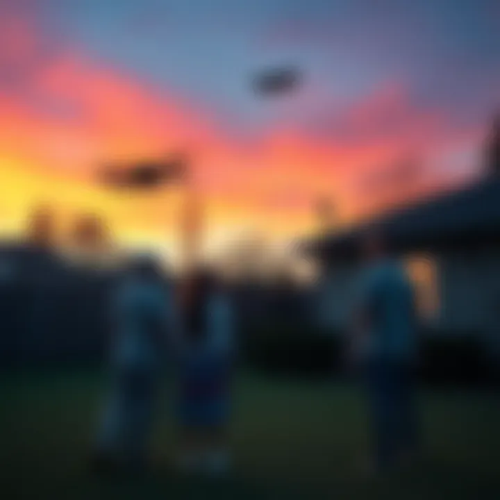 A family looks in awe at Unidentified Aerial Phenomena hovering in their backyard during the evening sky.